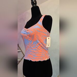 Billabong Crop Tank Bralette Floral Palm Print Ruffle Hem Pink Blue NWT M